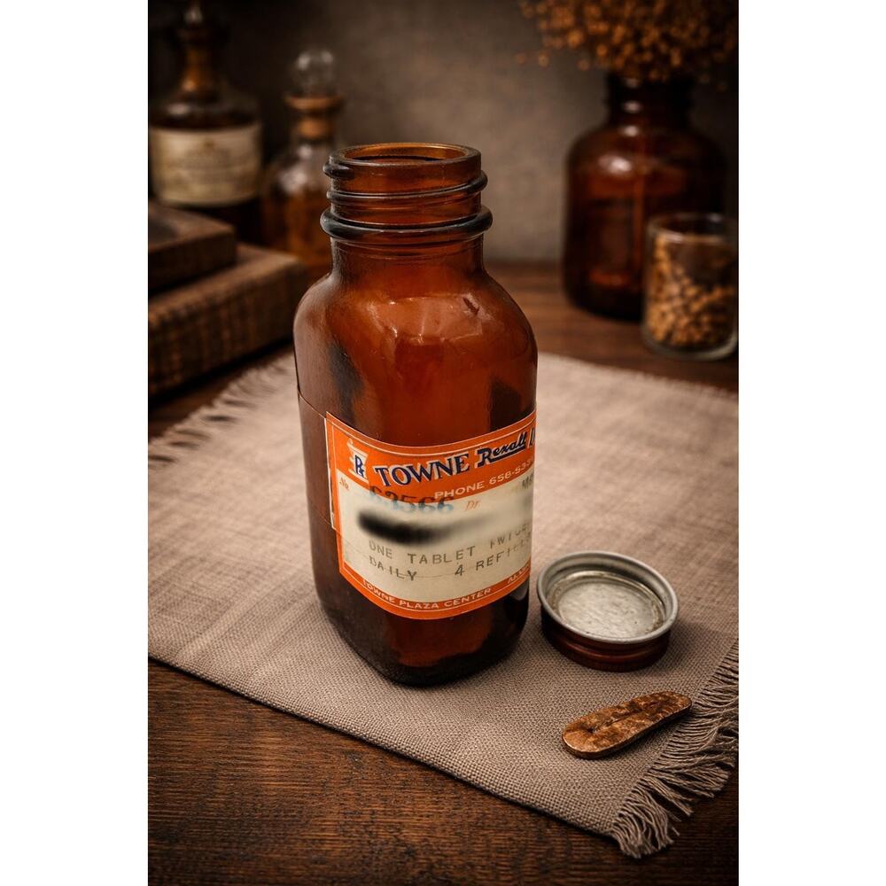 Vintage Rexall Pharmacy Amber Glass Prescription Bottle Original Label Cap